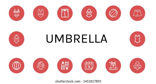 Set of umbrella icons such as Bikini, Swimsuit, Beach ball, Beach, Flippers, Summer, Camera bag , umbrella