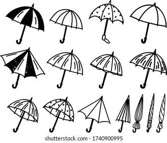 A Set of umbrella icons suitable for rain and outdoor content with doodle cartoon style