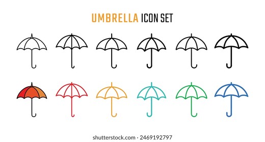 Set of Umbrella icons. Vector illustration in outline and flat style