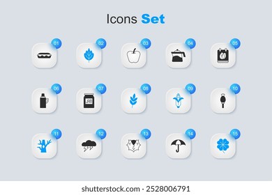 Conjunto Paraguas, tarro de mermelada, hoja, árbol desnudo, trébol de cuatro hojas, amapola de opio, pastel casero e icono. Vector