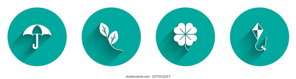 Set Umbrella, Leaf, Four leaf clover and Kite icon with long shadow. Vector