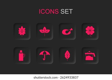 Set Umbrella, Leaf, Four leaf clover, Teapot, Roasted turkey or chicken and Thermos container icon. Vector