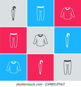 Set Umbrella, Leggings and Sweater icon. Vector