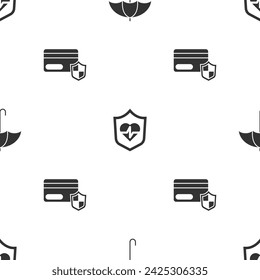 Set Paraguas, Seguro de vida con escudo y tarjeta de crédito en patrón transparente. Vector