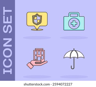 Set Umbrella, Location shield, House in hand and First aid kit icon. Vector