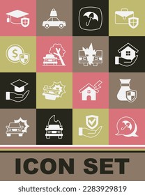 Set Umbrella, Money bag with shield, House in hand, Car damaged by fallen tree, Graduation cap and accident icon. Vector