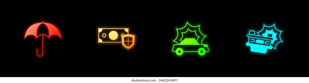 Set Umbrella, Money with shield, Car accident and  icon. Vector