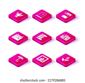 Set Umbrella, Mourning photo frame, Calendar death, Decree, parchment, scroll, Flower rose, Grave with tombstone, Crematorium and  icon. Vector