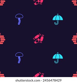 Set Umbrella, Mushroom, Candy and Hive for bees on seamless pattern. Vector