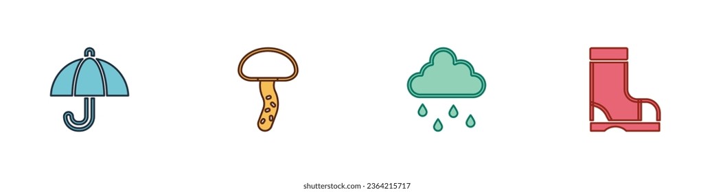 Set Umbrella, Mushroom, Cloud with rain and Waterproof rubber boot icon. Vector