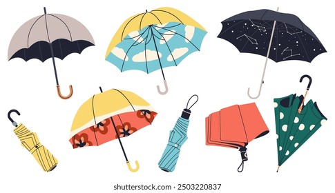 Set of umbrella. Open, closed and folded umbrellas set. Rain protecting accessories with handles of different design, type. Rain protection parasols for rainy weather.