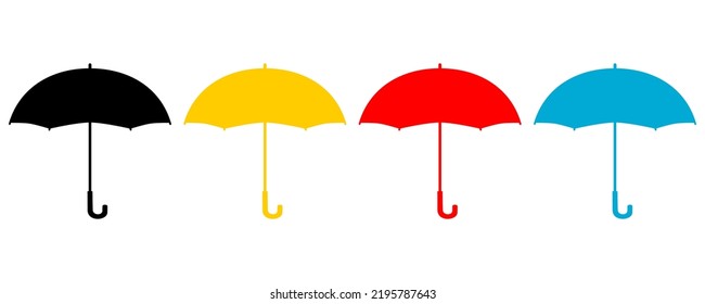 Set umbrella open protection water rain and sun light black yellow red and blue flat vector icon design.