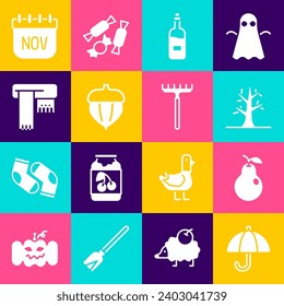 Set Umbrella, Pear, Bare tree, Bottle of wine, Acorn, Winter scarf, November calendar autumn and Garden rake icon. Vector