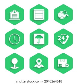 Set Umbrella, Placeholder on map paper, Package box with check mark, Telephone 24 hours support, Push pin, Fast time delivery, Magnifying glass globe and Warehouse icon. Vector