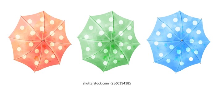 Set of umbrella polka dot. Cute vector watercolor illustration for kids design, weather