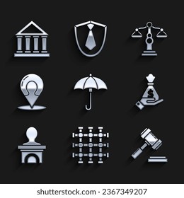 Set Umbrella, Prison window, Judge gavel, Hand holding money bag, Stage stand or debate podium rostrum, Map marker with silhouette of person, Scales justice and Courthouse building icon. Vector