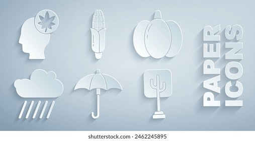 Set Umbrella, Pumpkin, Cloud with rain, Tree, Corn and Human head leaf icon. Vector