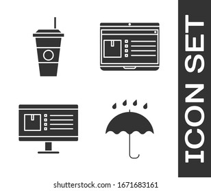 Set Umbrella and rain drops , Coffee cup , Computer monitor with app delivery tracking  and Laptop with app delivery tracking  icon. Vector