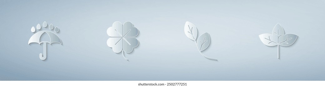 Set Umbrella and rain drops, Four leaf clover, Leaf and . Paper art style. Vector