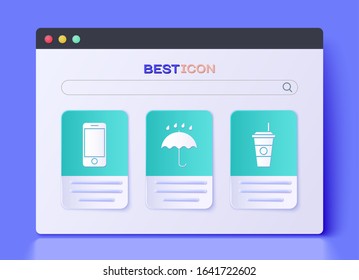 Set Umbrella y caídas de lluvia , Teléfono móvil con seguimiento de entrega de aplicaciones e icono del café. Vector