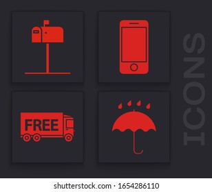 Set Umbrella and rain drops , Open mail box , Mobile phone with app delivery tracking and Free delivery service  icon. Vector