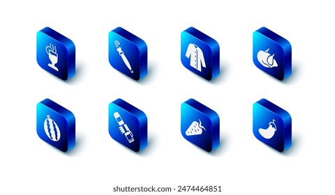 Set Umbrella, Raincoat, Roasted turkey or chicken, Eggplant, Carrot, Winter scarf, Watermelon and Mulled wine icon. Vector