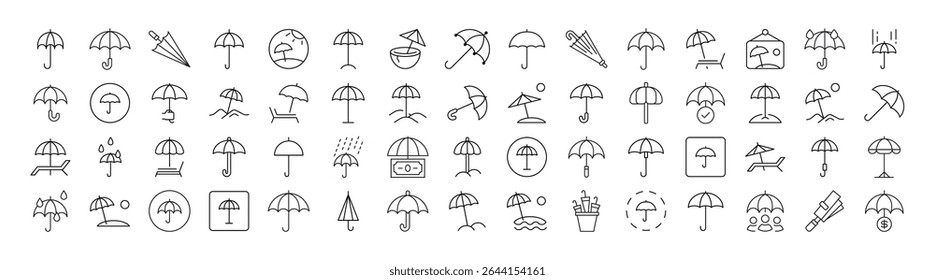 Set of Umbrella Related Line Icons. Outline Signs for Graphic and Web Design, Apps, Adverts, Various Cards 