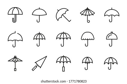 Set of umbrella related vector line icons. Premium linear symbols pack. Vector illustration isolated on a white background. Web symbols for web sites and mobile app. Trendy design.