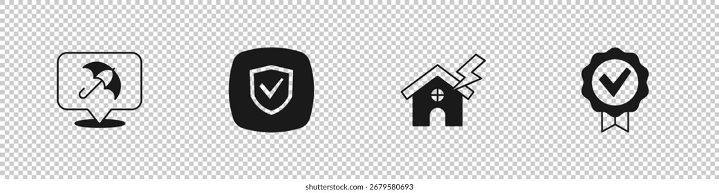 Establecer paraguas, escudo, casa y relámpago y el icono de marca de verificación aprobada. Vector