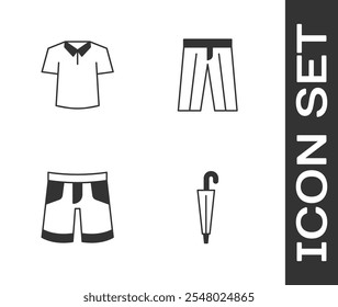 Conjunto Paraguas, camisa, pantalones cortos o pantalones y icono de pantalones. Vector