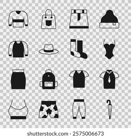 Set Umbrella, Shirt, Swimsuit, Skirt, Man hat, Sweater,  and Socks icon. Vector