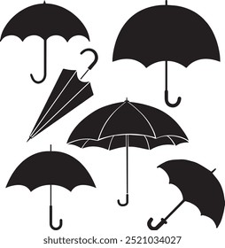 Conjunto de guarda-chuva silhueta vetor arte branco fundo