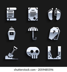 Set Umbrella, Skull, Cemetery digged grave hole, Coffin with cross, Shovel the ground, Funeral urn, Dead body and Decree, parchment, scroll icon. Vector