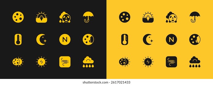 Set Umbrella, Solar energy panel, Compass north, Wind, Moon and stars, Acid rain radioactive cloud,  and Sunset icon. Vector