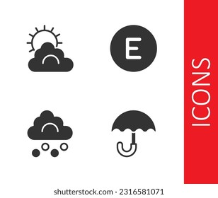 Establece el paraguas, el clima de sol y nube, el icono de Hail y Compass west. Vector