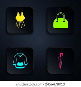 Set Umbrella, Undershirt, Hoodie and Handbag. Black square button. Vector