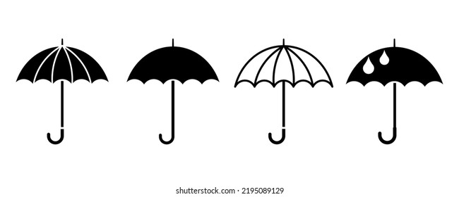 Set of umbrella vector icons. Open parasol. Symbol protection from water.  Accessory for wet weather. Black silhouette with umbrella. 