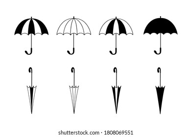  Set of umbrellas. Black and white. Doodle vector illustration. 