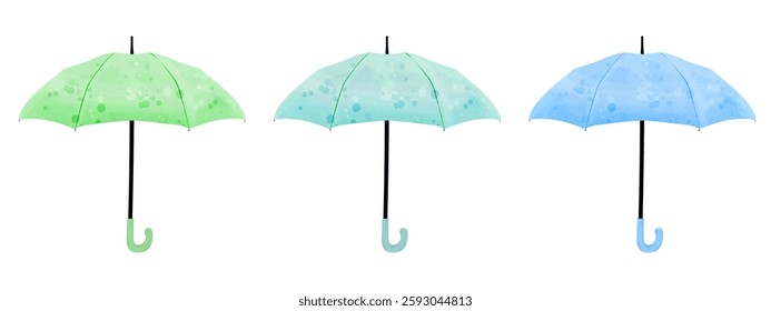 Set of umbrellas in blue and green. Cute vector watercolor illustration for kids design, weather