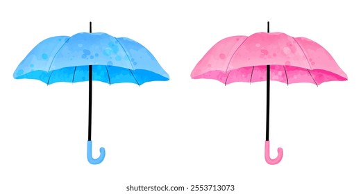 Set of umbrellas in blue and pink. Cute vector watercolor illustration for kids design, weather