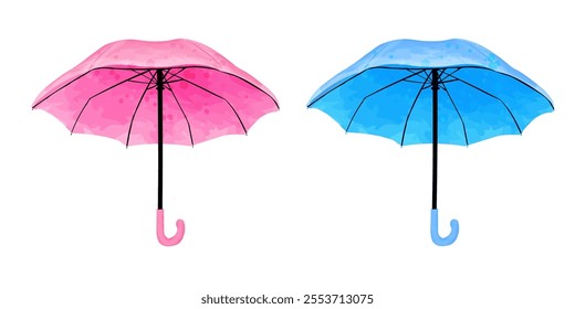 Set of umbrellas in blue and pink. Cute vector watercolor illustration for kids design, weather