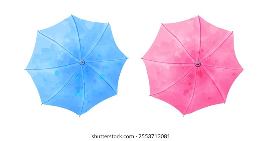 Set of umbrellas in blue and pink. Cute vector watercolor illustration for kids design, weather