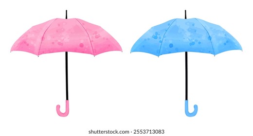 Set of umbrellas in blue and pink. Cute vector watercolor illustration for kids design, weather