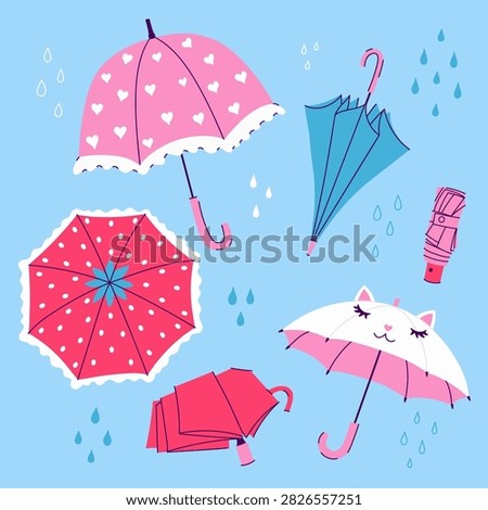 A set of umbrellas, closed and open. Vector graphics.