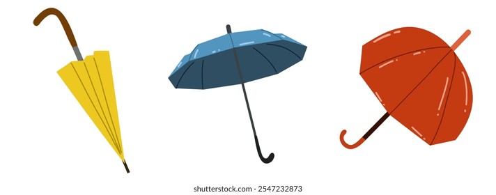 Set of umbrellas. Colorful autumn accessory, rain and sun protection. Vector isolated on white background