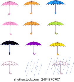 A set of umbrellas of different colors and a little rain. Vector illustration umbrellas side view. umbrellas with outlines of different colors. Autumn set of umbrellas with red spots