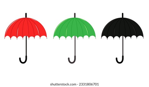 Un conjunto de paraguas de diferentes colores. Negro verde rojo verde. 