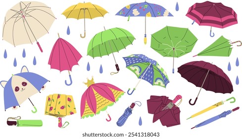 Set of umbrellas of different shapes and colors. Children's funny umbrellas with characters. Folding or cane umbrella. Autumn rainy weather. Hand drawn color vector illustration isolated 