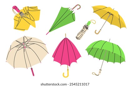 Set of umbrellas of different shapes and colors. Folding or cane umbrella. Autumn rainy weather. Hand drawn color vector illustration isolated on transparent background.