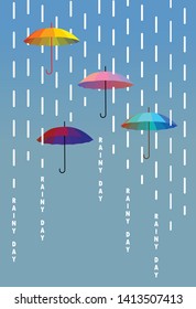 Set of Umbrellas with heavy rain, rainy season isolated blue background. Vector illustration.